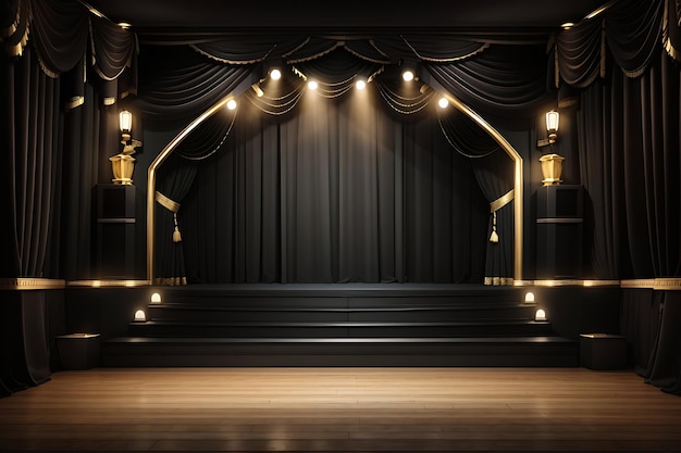 Foto ilustração de fundo de sala vazia em 3d palco de teatro com design de cortinas de veludo dourado preto