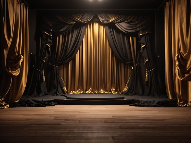 Foto ilustração de fundo de sala vazia em 3d palco de teatro com design de cortinas de veludo dourado preto