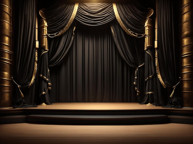 Foto ilustração de fundo de sala vazia em 3d palco de teatro com design de cortinas de veludo dourado preto