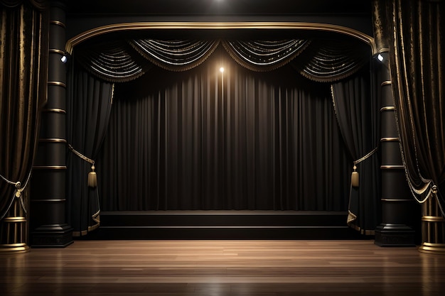 Foto ilustração de fundo de sala vazia em 3d palco de teatro com design de cortinas de veludo dourado preto