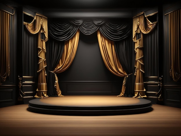 Ilustração de fundo de sala vazia em 3d Palco de teatro com design de cortinas de veludo dourado preto