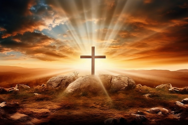 Foto ilustração de fundo de sexta-feira com silhueta de cruz no céu dourado do pôr-do-sol generative a