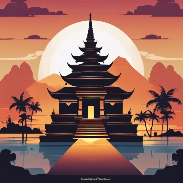 Ilustração de fundo do Dia de Nyepi com o Templo ao pôr-do-sol