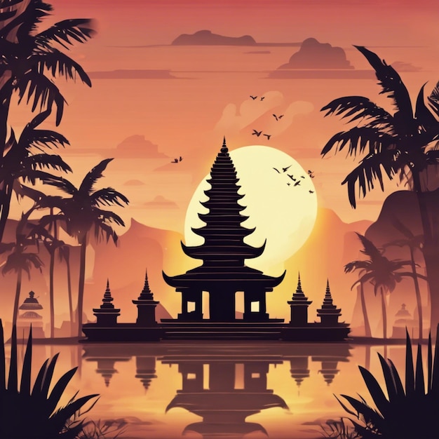 Ilustração de fundo do Dia de Nyepi com o Templo ao pôr-do-sol