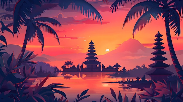 Ilustração de fundo do dia de silêncio de Nyepi com o templo ao pôr-do-sol