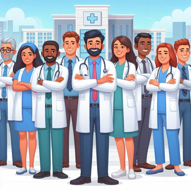 Ilustração de fundo do Dia Nacional dos Médicos Médica de pé na frente de sua equipe no hospital