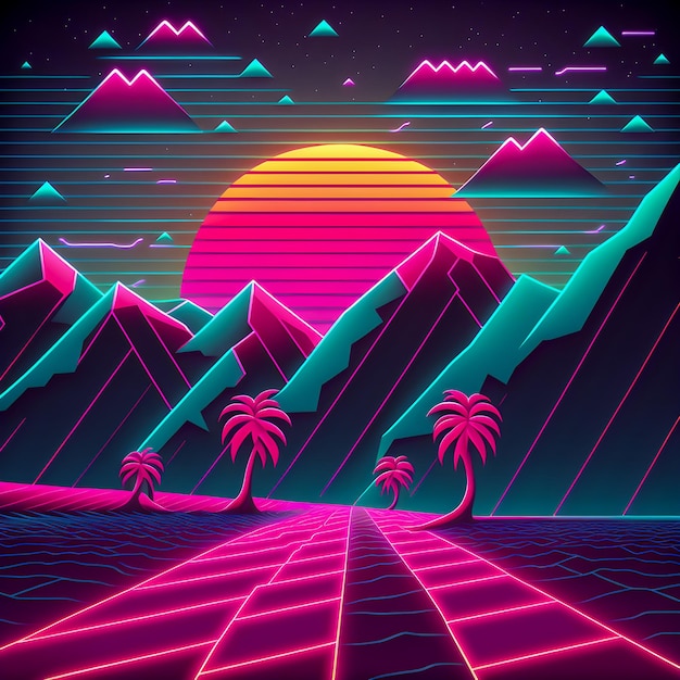 Foto ilustração de fundo estilo retrowave dos anos 80 e 90