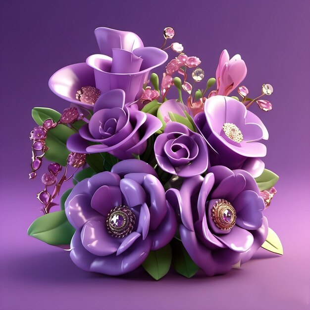 Ilustração de fundo roxo de jóias de flores 3D