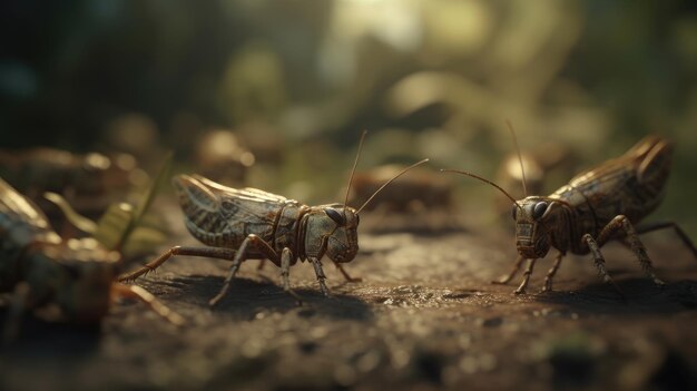 Ilustração de gafanhotos em campos de arroz