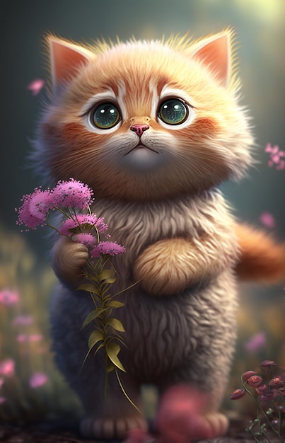 Ilustração de gatinho rosa fofo segurando buquê de flores IA generativa