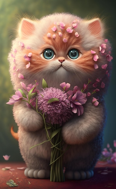 Ilustração de gatinho rosa fofo segurando buquê de flores IA generativa