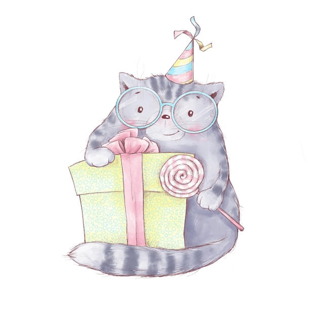 Ilustração de gato desenhado à mão no aniversário com presente