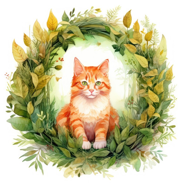 ilustração de gato em uma coroa de folhas verdes