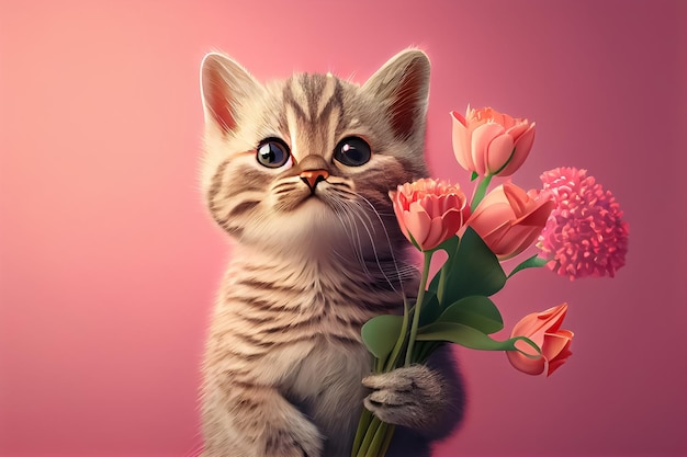 Ilustração de gato fofo dando flores em fundo rosa AI