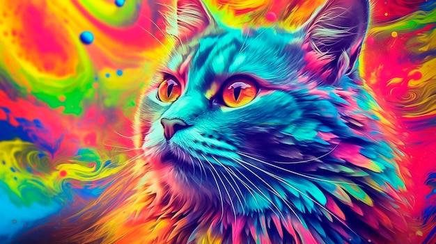 Ilustração de gato psicodélico Fundo colorido Textura hippie IA generativa