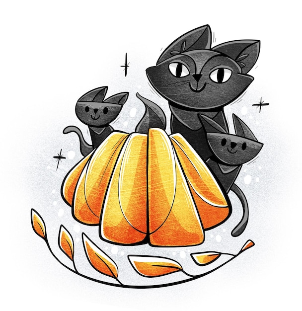 Ilustração de gatos pretos e abóbora em um estilo de desenho animado bonito