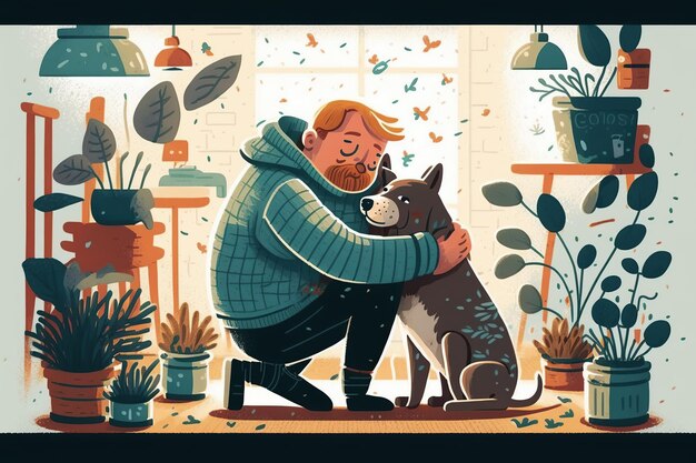 Ilustração de geração Ai Jovem homem abraçando cachorro com amor aconchegante relaxante amizade de homem e animal de estimação