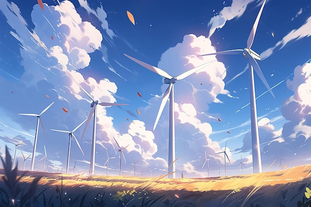 Ilustração de geradores de energia eólica em uma energia ecológica alternativa de dia ventoso