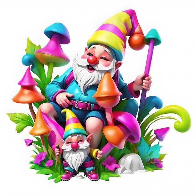 Ilustração de gnomos em cores de néon 3D