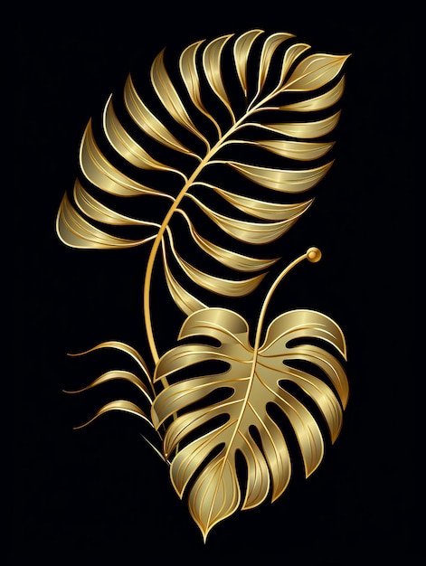 Foto ilustração de golden monstera deixa artes de linha em fundo preto