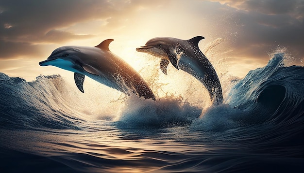 Ilustração de golfinhos saltando na água sob o sol