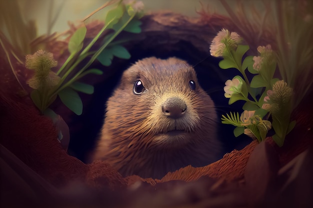 Ilustração de gopher emergindo da toca na primavera AI