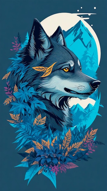 Foto ilustração de grafite colorido da cabeça de lobo