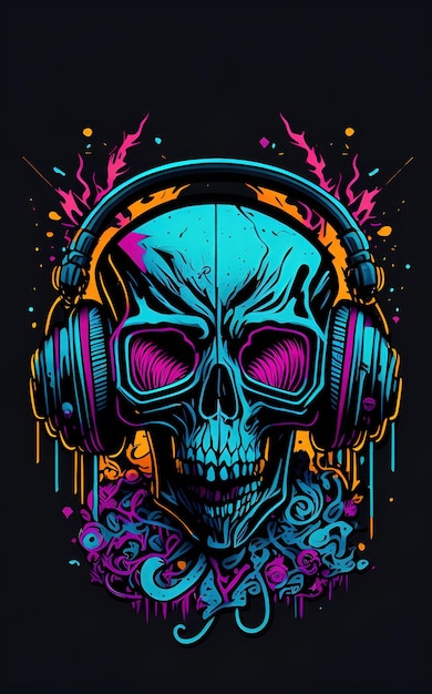 Ilustração de grafite colorido de um crânio bonito usando fones de ouvido cor vibrante grande detalhe