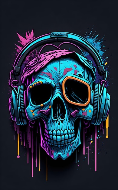 Ilustração de grafite colorido de um crânio bonito usando fones de ouvido cor vibrante grande detalhe