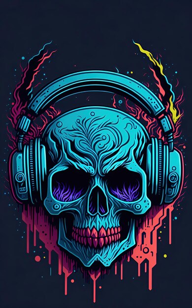 Ilustração de grafite colorido de um crânio bonito usando fones de ouvido cor vibrante grande detalhe