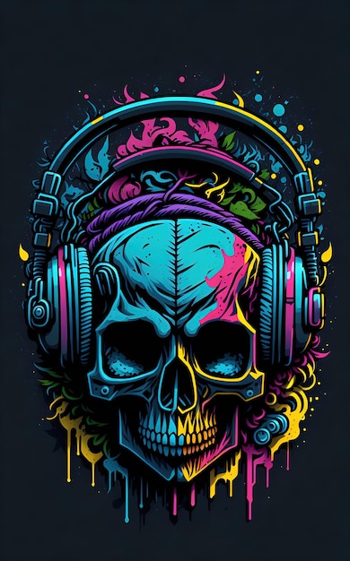 Ilustração de grafite colorido de um crânio bonito usando fones de ouvido cor vibrante grande detalhe