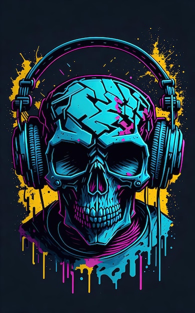 Ilustração de grafite colorido de um crânio bonito usando fones de ouvido cor vibrante grande detalhe