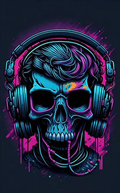 Ilustração de grafite colorido de um crânio bonito usando fones de ouvido cor vibrante grande detalhe