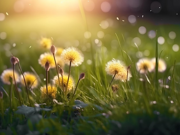 Ilustração de grama verde jovem suculenta com dente-de-leão amarelo Macro bokeh luz solar AI