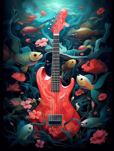 Ilustração de guitarra em fundo submarino