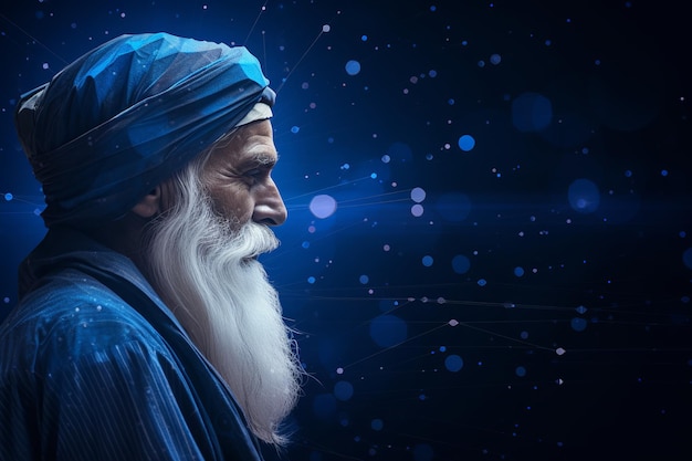 Ilustração de Guru Nanak com fundo neural azul