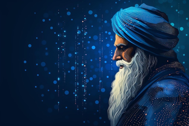 Ilustração de Guru Nanak com fundo neural azul