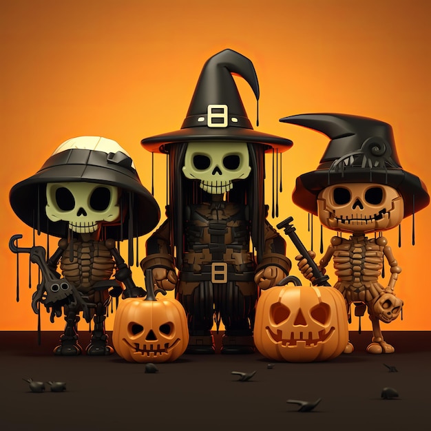 ilustração de halloween assustador desenho animado esqueleto preto abóbora witc