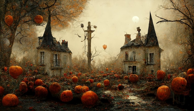 Foto ilustração de halloween casa assombrada com ilustração do festival de halloween de pumpkins.realistic.