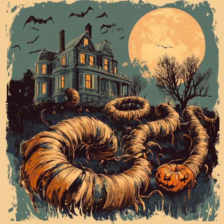 Foto ilustração de halloween com abóboras na frente de uma casa assombrada