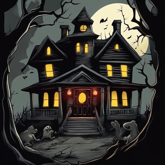 ilustração de halloween com casa assombrada e abóboracasa de halloween com fantasma