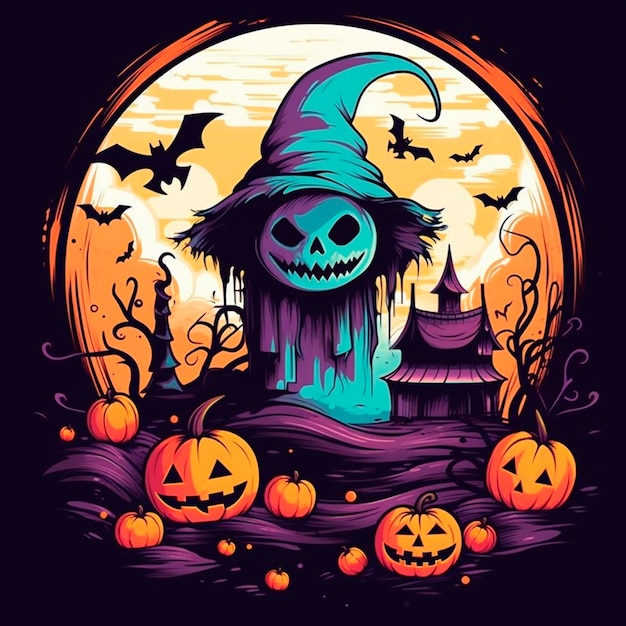 Ilustração de Halloween com caveira e abóbora