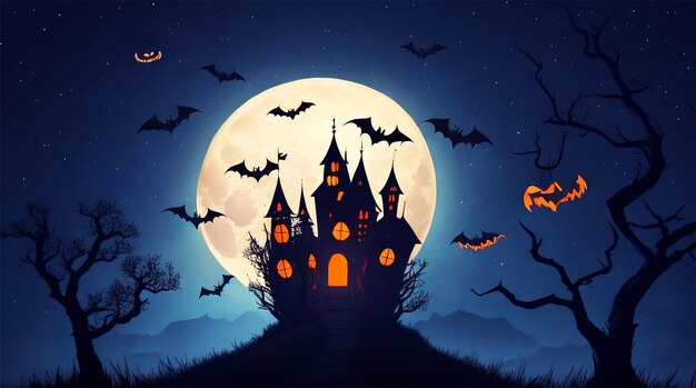 Ilustração de Halloween com silhueta de castelo na lua brilhante e árvores mortas perto