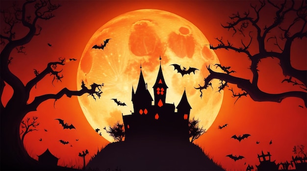 Ilustração de Halloween com silhueta de castelo na lua brilhante e árvores mortas perto