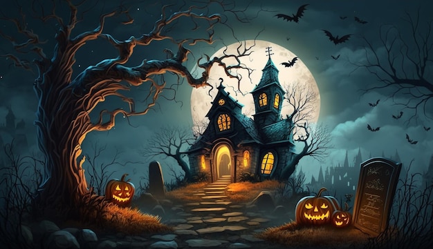 Ilustração de Halloween de uma casa assombrada com abóboras e lua cheia