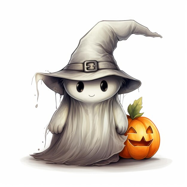 Ilustração de Halloween Fantasma bonitinho em um chapéu com abóboras