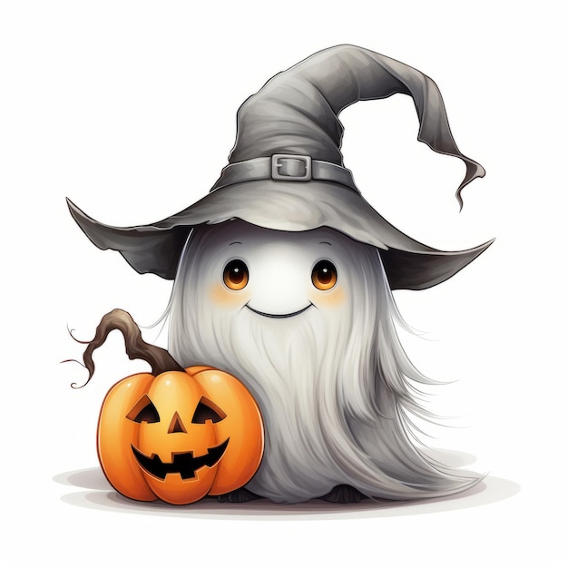Ilustração de Halloween Fantasma bonitinho em um chapéu com abóboras