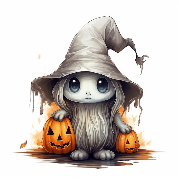 Ilustração de Halloween Fantasma bonitinho em um chapéu com abóboras