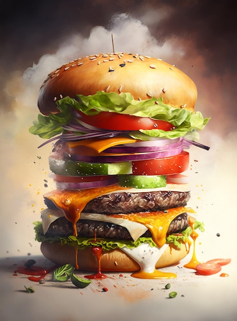 Ilustração de hambúrguer Uma pintura de um hambúrguer com alface, tomate e alface