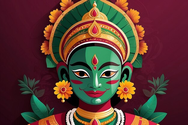 Foto ilustração de happy onam kathakali em fundo vermelho burgundy